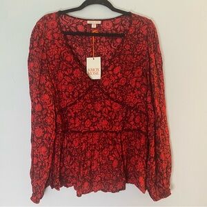 Knox Rose Red Floral Peplum Blouse Long Sleeve Balloon Size XXL